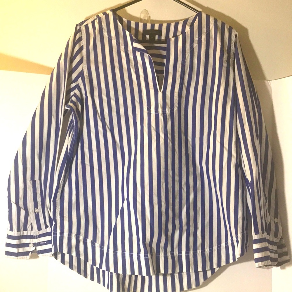 J CREW long sleeve top size m purple white stripes open neck business ca…